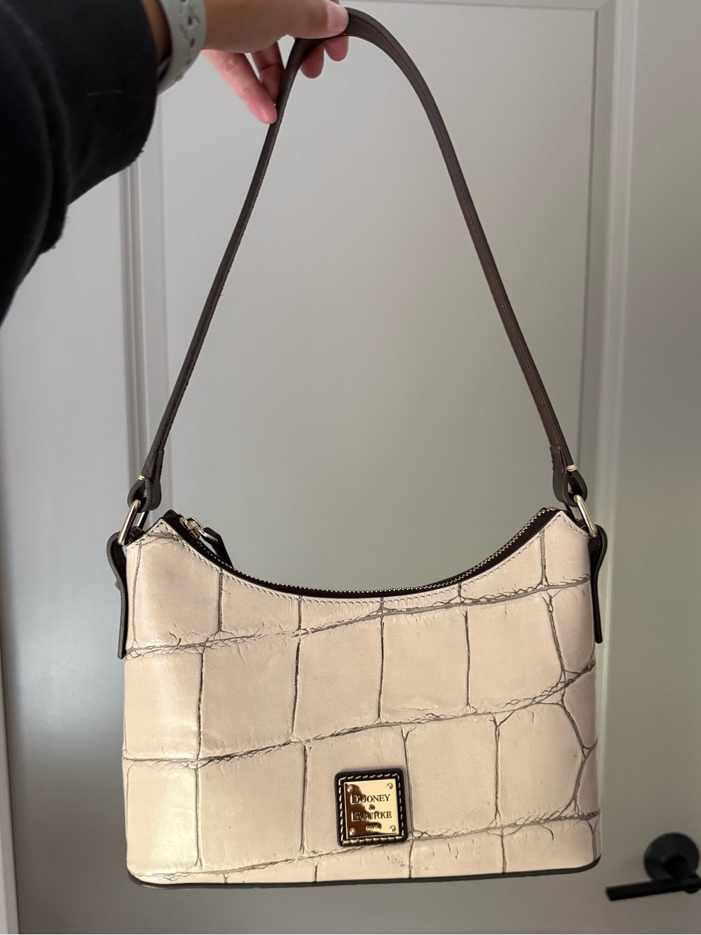 Dooney & Bourke Cream Croc-Embossed Shoulder Bag with Brown Strap